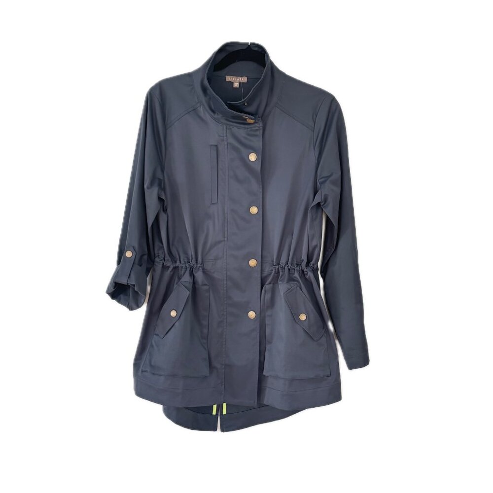 Lilla P Navy Blue Jacket Rain Coat Womens Sz M  Zip Snap Closure Pockets NWOT